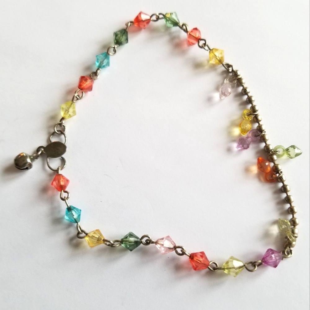 Bracelet or ankle bracelet colorful beads silver tone bells belly dance anklet